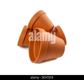 Empty terracotta flower pots, clay garden vase, brown ceramic plant container, terra cotta flowerpot, garden pottery earthenware on white background Stock Photo