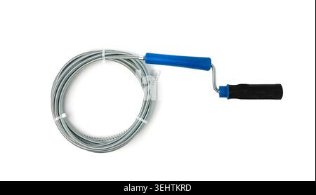Metal drain auger tool isolated, plumbing snake or cable on white background, removing sink blockages Stock Photo