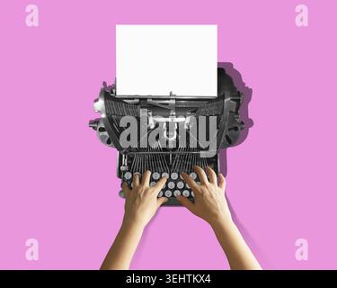 Pop art collage. Female hand typing on retro typewriter. Vintage, retro 80s, 70s style. Bright colors. Concept for writing and sending a message. Stock Photo