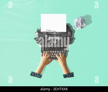 Pop art collage. Female hand typing on retro typewriter. Vintage, retro 80s, 70s style. Bright colors. Concept develop a new idea. Stock Photo