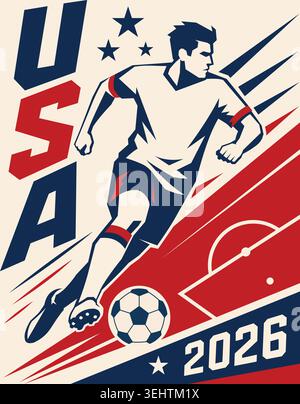 Usa 2026 soccer tournament poster design with dynamic player illustration Stock Vector