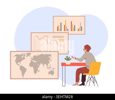Data and statistics analysis. Business, finances tracking, chart comparison, office scene with dashboard graphs and world map, monitoring global Stock Vector