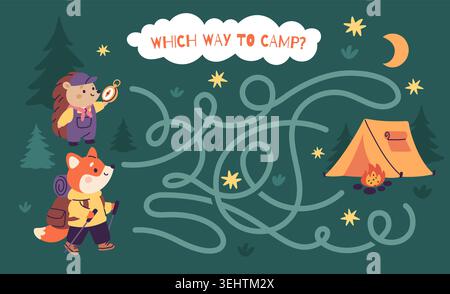 Animals tourists maze. Kids educational game, help hedgehog and fox to find tent, maze in forest scene, outdoor adventures, navigation puzzle template Stock Vector