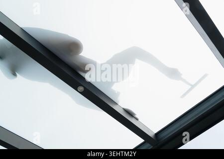 A man cleaning terrace roofing and a home balcony power plant on a sunny day. Stock Photo