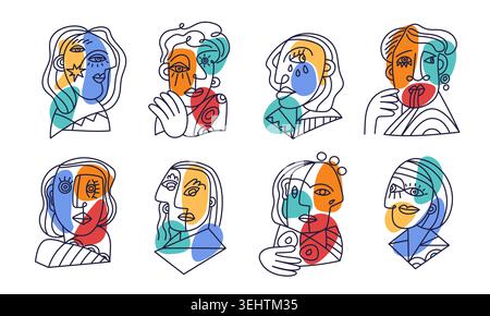 Abstract picasso portraits. Cubism art style people faces, men and women characters, decorative lines and colored spots, colorful geometric shapes Stock Vector