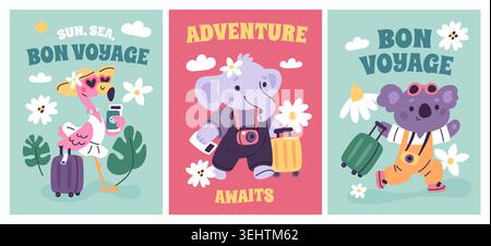 Animals tourists cards. Cartoon fauna characters, dressed elephant, flamingo, koala adventures, playful travelers with luggage, vacances, decorative Stock Vector
