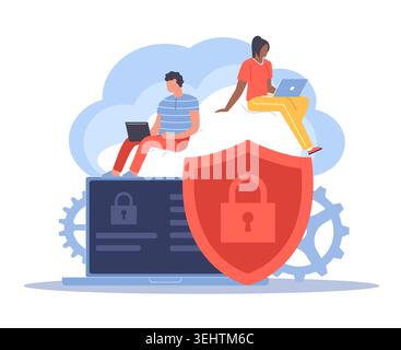 Cloud storage. Online database access, backup server, file protection, users with laptops, cybersecurity protection with shield and padlock, data Stock Vector