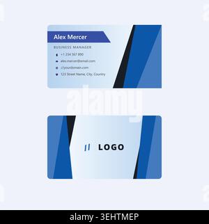 Modern business card template set featuring front and back layouts with clean blue, black, and light gray geometric shapes for professional corporate Stock Vector
