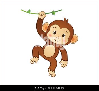 An adorable cartoon monkey character hanging from a green jungle liana vine with a happy smile, perfect for wild animal and children design themes. Stock Vector