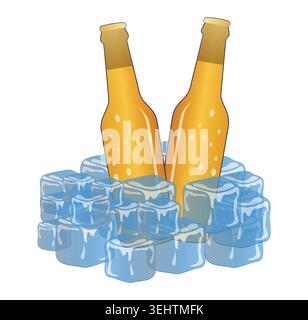 Two golden glass beer bottles cooling inside a pile of blue frozen ice cubes, perfect for summer party and cold beverage refreshment graphics. Stock Vector