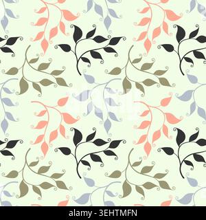 Elegant seamless pattern with delicate curling branches and leaves in pastel pink, olive, black and grey tones on a light green background for wedding Stock Vector