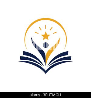 Modern educational logo showing success student rising from open book. Stock Vector