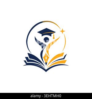 Modern logo featuring student inside circle with pen and book. Stock Vector