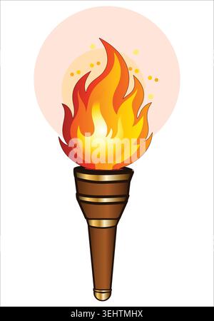 A burning wooden torch vector graphic illustration with bright orange and yellow fire flames, isolated against a soft round pink backdrop. Stock Vector