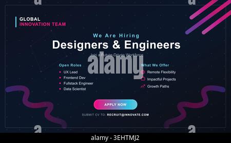 A corporate hiring banner template for designers and engineers, featuring a dark blue background with pink and purple wavy abstract graphics. Stock Vector