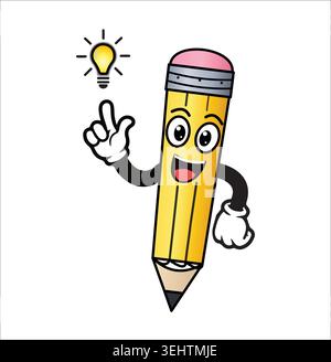 A happy yellow pencil cartoon mascot character pointing up to a glowing light bulb, representing a great creative idea, knowledge, and education. Stock Vector