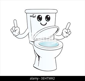 A cute cartoon toilet mascot character with a smiling face, big eyes, and hands pointing upward, perfect for plumbing and bathroom design themes. Stock Vector