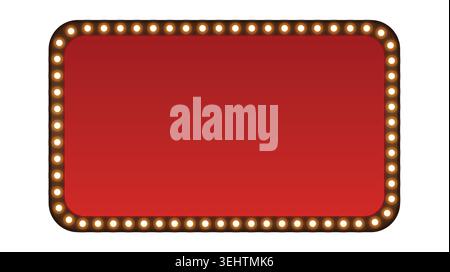 A blank rectangular red marquee sign board with glowing light bulbs around the border, perfect for vintage cinema, theater, and casino designs. Stock Vector