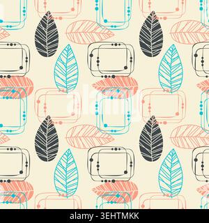 pattern with abstract line art leaves and retro geometric frames in pastel colors for wrapping paper, textile design and modern home decor. Vector ill Stock Vector