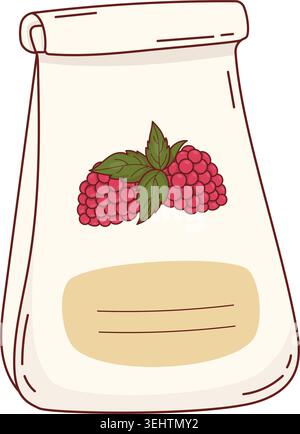 Raspberry Tea Paper Packaging. Harvest Eco Dry Berry Ingredient, Organic Fruit Herbal Drink In Craft Bag. Vector Illustration. Isolated On White Stock Vector