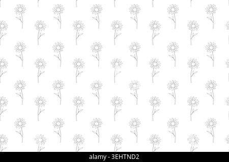Seamless floral pattern with daisies featuring circular centers, radiating petals, stems, and leaves in minimalist black line art, arranged evenly on Stock Vector