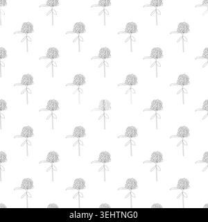Seamless floral pattern with rounded clusters of petals, stems, and elongated leaves in minimalist black line art, arranged evenly on white background Stock Vector