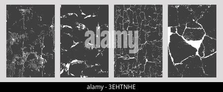Set of four cracked and distressed surface textures, including fine fissures, rough patches, grid-like cracks, and large fragmented sections, abstract Stock Vector