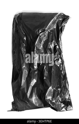 Blank black plastic crumpled packet isolated on white background Stock Photo