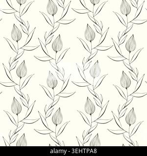 Minimalist seamless ornament with vertical rows of black line art physalis pods and delicate leaves on a light ivory background for elegant wedding st Stock Vector