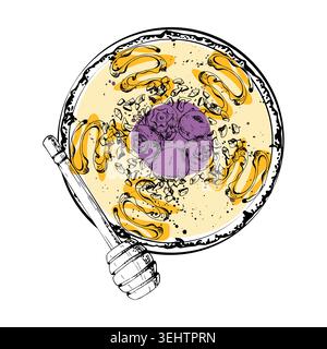 Honey spiral drizzle, oats and blueberry scatter on breakfast smoothie bowl. Isolated illustration hand drawn in ink vector. Cereal brand visuals Stock Vector