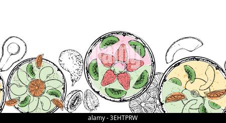 Seamless strip of green smoothie bowls with kiwi, apple, cucumber and avocado accents in hand drawn ink vector. Wellness retreat materials, spa cafe Stock Vector