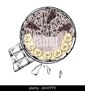 Cocoa smoothie bowl with chocolate chips and banana coin rings in divided topping zones. Hand drawn ink vector. Dessert catalog pages, bakery signage Stock Vector