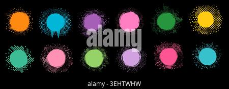Colorful round vector shapes with halftone effect dots, abstract dissolving circle graphic design elements, frames and borders Stock Vector