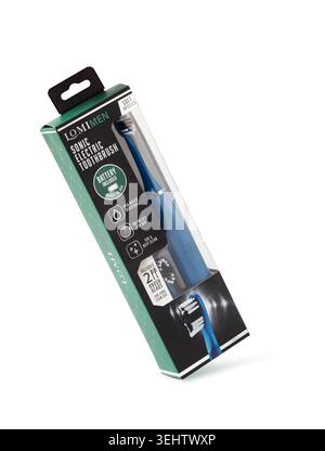 Chisinau, Moldova - May 25, 2026: LOMIMEN sonic electric toothbrush and extra brush heads packaged for personal oral care isolated on a white backgrou Stock Photo