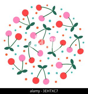 Cute vector cherry circle shape with dots, summer fruit illustration background for food packaging designs, jam labels Stock Vector