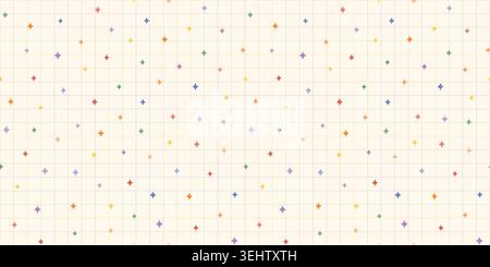 Rainbow grid paper with sparkles seamless vector pattern, Cute colorful pastel confetti on cream color checker background for journaling, back to scho Stock Vector