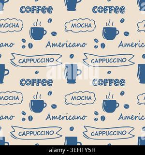 Cute coffee seamless pattern with hand drawn lettering and coffee cups Stock Vector
