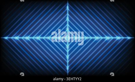 Abstract glowing neon cross axis with geometric diagonal lines pattern on a dark background Stock Vector