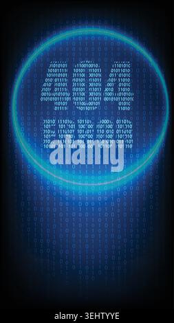 Abstract technology background featuring a bright neon circle and 404 error code formed by binary data Stock Vector