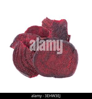 Crispy roasted beetroot chips with sea salt, isolated on white background. Healthy and crunchy natural vegetable snack. Clipping path. Stock Photo