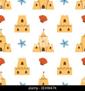 Cute summer beach seamless pattern with sandcastles and seashells Stock Vector