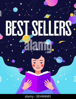 Book, Imagination, Dreams. Girl reading Stock Vector