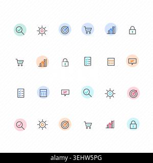 Editable icon pack featuring minimal line pictograms with consistent stroke styling Stock Vector
