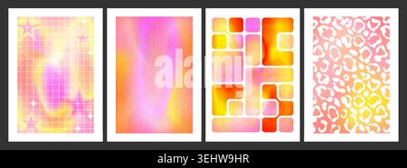 Abstract Y2K posters in dreamy gradient colors. Vector realistic illustration of vivid banners with wireframe, geometric and leopard pattern on gradation background, creative trendy backdrop designs Stock Vector