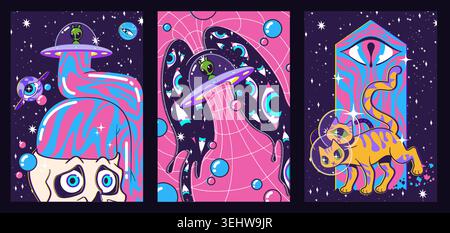 Groovy poster set with psychedelic retro design. Vector illustration of vintage banners with cat in space helmet, alien ufo, eyes, crazy skull on space background, creative y2k pattern with starry sky Stock Vector
