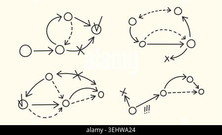 Sport tactic diagrams with strategic arrows, black sketch vector icons isolated on white background. Hand drawn playbook schemes, team formation and game plan for coach training sessions Stock Vector