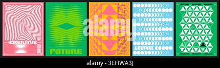 Abstract geometric brutalist y2k posters, color mosaic pattern. Vector realistic illustration of retro banners with distorted shapes, cyberpunk design graphics, futuristic 3d flyers, primitive arts Stock Vector