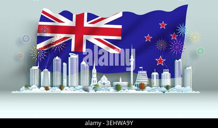 Happy independence anniversary celebration national day in New Zealand flag background with Travel landmarks architecture of New Zealand in Auckland w Stock Vector