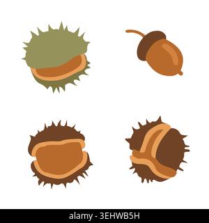 Hand-drawn autumn forest chestnut and acorn collection isolated on white for fall designs or packaging, product design Stock Vector