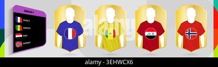 Group I Football Teams Jersey Mockup with France, Senegal, Iraq, Norway Flags. Ideal for tournament groups, fixtures, and sports graphics. Stock Vector
